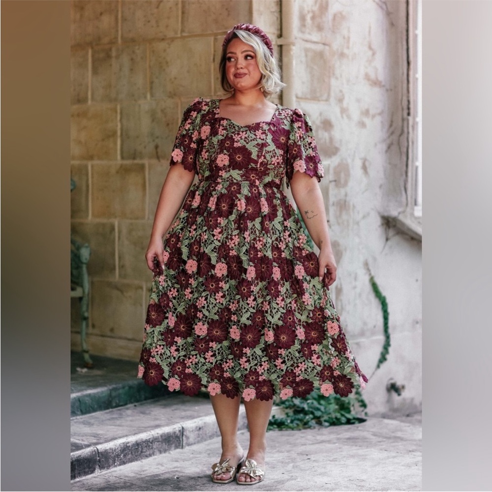 JessaKae Burgundy and Pink Floral Lace Midi Dress